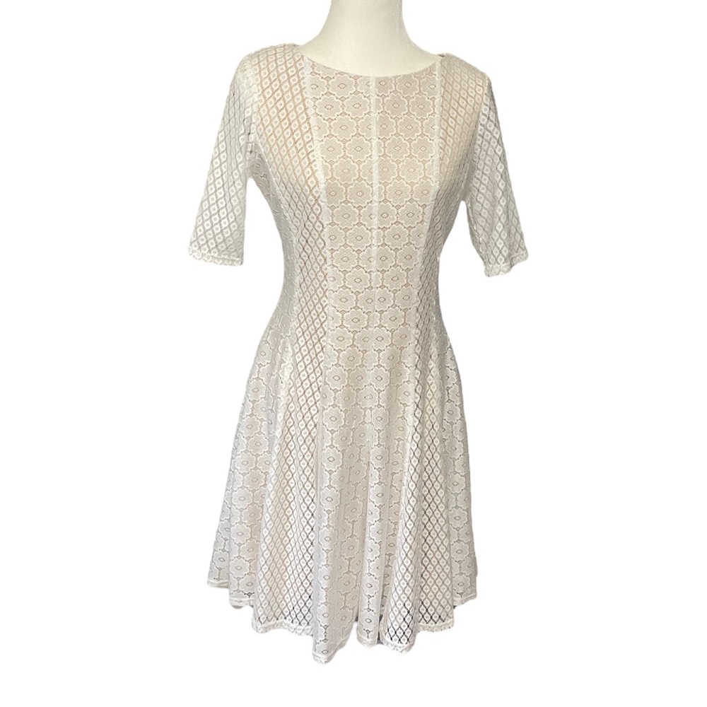 Danny & Nicole White Fit & Flare Lace Dress, Short Sleeves, Scoop Neck